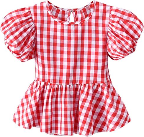Baby Girls Summer Crewneck Puff Short Sleeve Plaid Blouse Shirt Toddler Kids Ruffle Peplum Smock Crop Tops Trendy Soft in Kuwait
