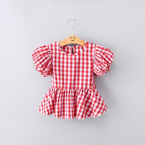 Baby Girls Summer Crewneck Puff Short Sleeve Plaid Blouse Shirt Toddler Kids Ruffle Peplum Smock Crop Tops Trendy Soft in Kuwait