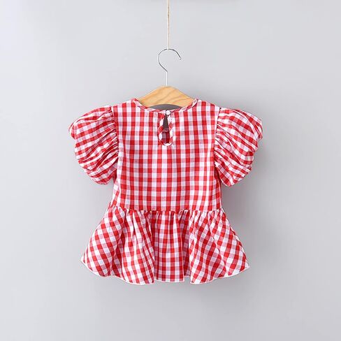 Baby Girls Summer Crewneck Puff Short Sleeve Plaid Blouse Shirt Toddler Kids Ruffle Peplum Smock Crop Tops Trendy Soft in Kuwait