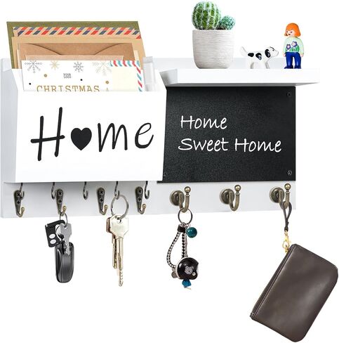 RELBRO Key Holder Wall Mount, Wooden Chalkboard Mail and Key Organizer with Shelf, 12 Key Hooks, White in Saudi Arabia