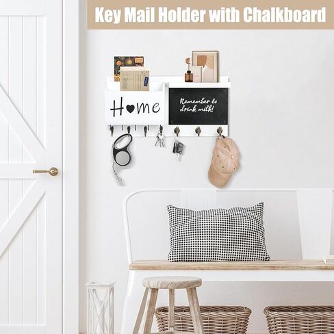 RELBRO Key Holder Wall Mount, Wooden Chalkboard Mail and Key Organizer with Shelf, 12 Key Hooks, White in Saudi Arabia