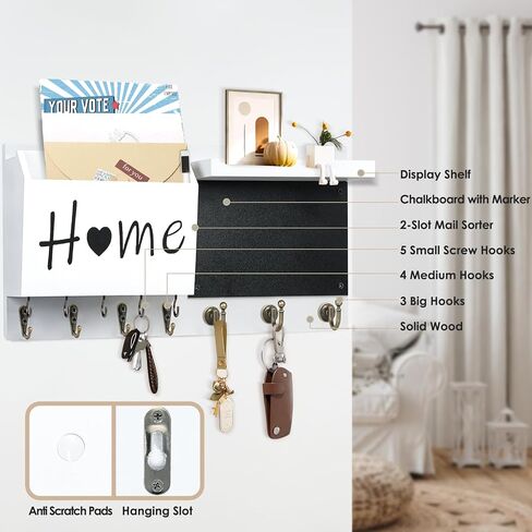 RELBRO Key Holder Wall Mount, Wooden Chalkboard Mail and Key Organizer with Shelf, 12 Key Hooks, White in Saudi Arabia