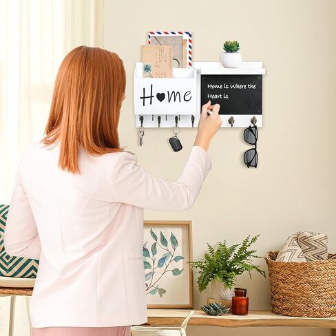 RELBRO Key Holder Wall Mount, Wooden Chalkboard Mail and Key Organizer with Shelf, 12 Key Hooks, White in Saudi Arabia