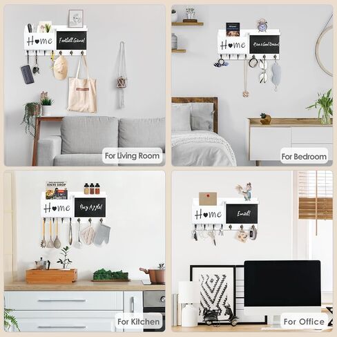 RELBRO Key Holder Wall Mount, Wooden Chalkboard Mail and Key Organizer with Shelf, 12 Key Hooks, White in Saudi Arabia