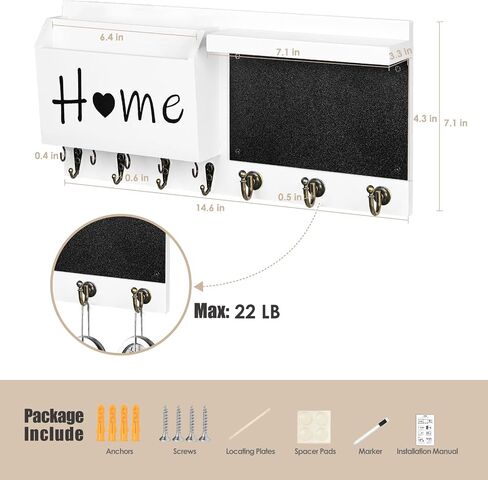 RELBRO Key Holder Wall Mount, Wooden Chalkboard Mail and Key Organizer with Shelf, 12 Key Hooks, White in Saudi Arabia