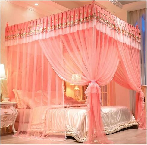 4 Corner Post Bed Canopy Mosquito Net - Easy Installation for Single & Double Beds | Bedroom Decor Bed Curtains(Pink-3,200X220cm/79X87in) in Saudi Arabia