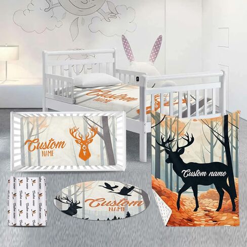 Custom Nursery Crib Bedding Set: Personalized Name 4 Piece Orange Sika Deer Design Baby Crib Sets for Baby Girls - Toddler Double Layer Blanket Set, Comfortable Crib Bed Sheets for Baby Toddlers in Kuwait