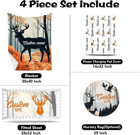 Custom Nursery Crib Bedding Set: Personalized Name 4 Piece Orange Sika Deer Design Baby Crib Sets for Baby Girls - Toddler Double Layer Blanket Set, Comfortable Crib Bed Sheets for Baby Toddlers in Kuwait