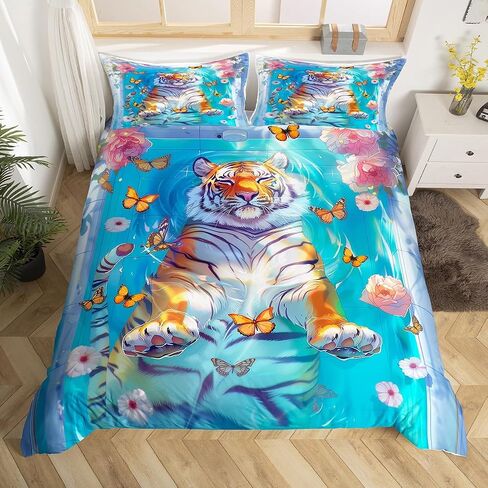 Kawaii Tiger Duvet Cover Sets(NO Comforter),Wild Animals Bathing in Bathtub Comforter Cover for Kids Adults Bedroom Decor,Dreamy Butterfly Flowers Bedding,Rustic Style Quilt Cover,Toddler Size in Kuwait