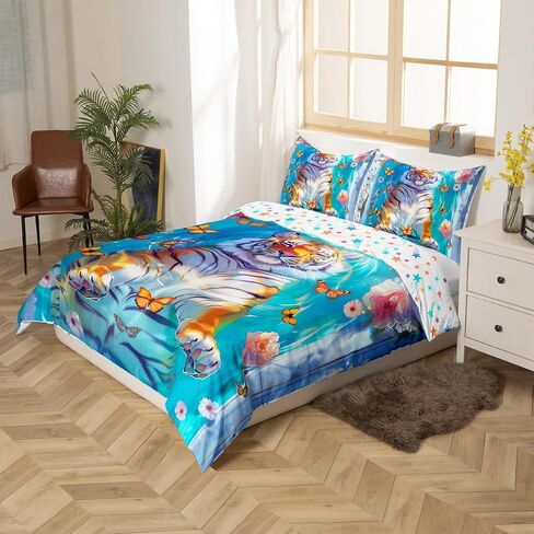 Kawaii Tiger Duvet Cover Sets(NO Comforter),Wild Animals Bathing in Bathtub Comforter Cover for Kids Adults Bedroom Decor,Dreamy Butterfly Flowers Bedding,Rustic Style Quilt Cover,Toddler Size in Kuwait