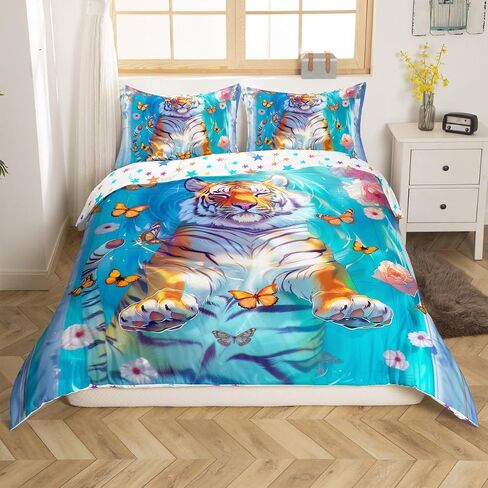 Kawaii Tiger Duvet Cover Sets(NO Comforter),Wild Animals Bathing in Bathtub Comforter Cover for Kids Adults Bedroom Decor,Dreamy Butterfly Flowers Bedding,Rustic Style Quilt Cover,Toddler Size in Kuwait