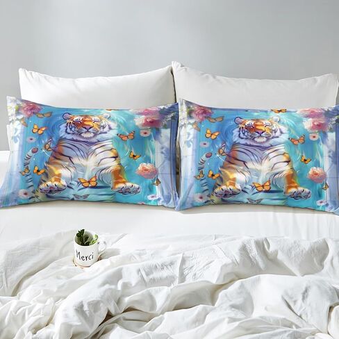 Kawaii Tiger Duvet Cover Sets(NO Comforter),Wild Animals Bathing in Bathtub Comforter Cover for Kids Adults Bedroom Decor,Dreamy Butterfly Flowers Bedding,Rustic Style Quilt Cover,Toddler Size in Kuwait