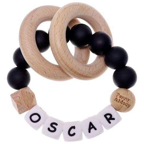 Personalized Baby Keepsake Rattles with Name, Panny & Mody Customizable Silicone Baby Keepsake Rattle with Natural Organic Beech Wood Rings for Gift - Mint Green in Kuwait