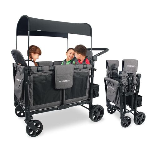 WONDERFOLD W4 Original Stroller Wagon (4 Seater) - Collapsible Wagon Stroller with Seats with 5-Point Harnesses, Easy Access Zipper Door, and Removable Sun Canopy, Gray in Kuwait