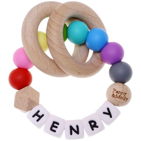 Personalized Baby Keepsake Rattles with Name, Panny & Mody Customizable Silicone Baby Keepsake Rattle with Natural Organic Beech Wood Rings for Gift - Mint Green in Kuwait