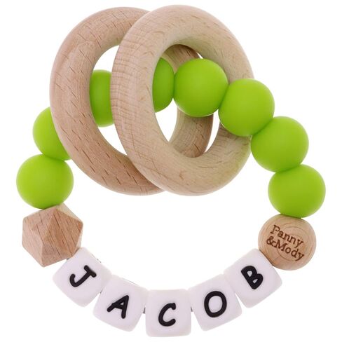 Personalized Baby Keepsake Rattles with Name, Panny & Mody Customizable Silicone Baby Keepsake Rattle with Natural Organic Beech Wood Rings for Gift - Mint Green in Kuwait