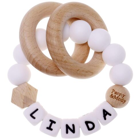 Personalized Baby Keepsake Rattles with Name, Panny & Mody Customizable Silicone Baby Keepsake Rattle with Natural Organic Beech Wood Rings for Gift - Mint Green in Kuwait