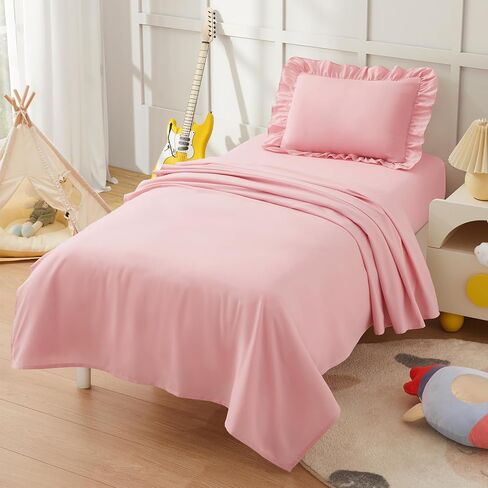 KKJIAF Toddler Sheet Set 3 Piece Includes a Flat Sheet, a Fitted Sheet and a Ruffle Pillowcase, Light Pink in Kuwait