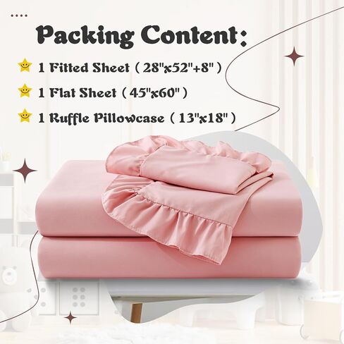 KKJIAF Toddler Sheet Set 3 Piece Includes a Flat Sheet, a Fitted Sheet and a Ruffle Pillowcase, Light Pink in Kuwait