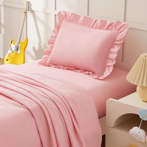 KKJIAF Toddler Sheet Set 3 Piece Includes a Flat Sheet, a Fitted Sheet and a Ruffle Pillowcase, Light Pink in Kuwait