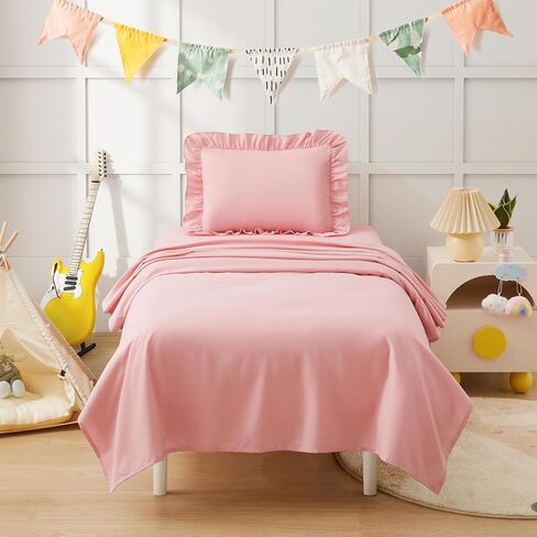 KKJIAF Toddler Sheet Set 3 Piece Includes a Flat Sheet, a Fitted Sheet and a Ruffle Pillowcase, Light Pink in Kuwait