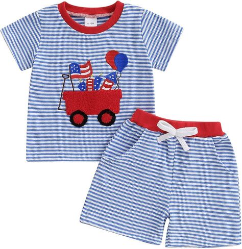 Karuedoo 4th of July Toddler Baby Boy Outfit USA Flag Stripe Stripe Waffle Knit Short Shirt Tops and Sorts Set in Kuwait