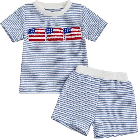 Karuedoo 4th of July Toddler Baby Boy Outfit USA Flag Embroidery Stripe Waffle Knit Short Sleeve T Shirt Tops and Shorts Set in Saudi Arabia