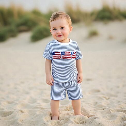 Karuedoo 4th of July Toddler Baby Boy Outfit USA Flag Embroidery Stripe Waffle Knit Short Sleeve T Shirt Tops and Shorts Set in Saudi Arabia