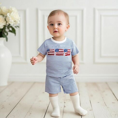 Karuedoo 4th of July Toddler Baby Boy Outfit USA Flag Embroidery Stripe Waffle Knit Short Sleeve T Shirt Tops and Shorts Set in Saudi Arabia