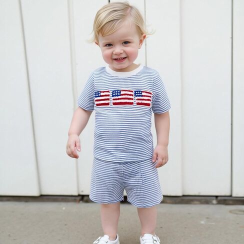 Karuedoo 4th of July Toddler Baby Boy Outfit USA Flag Embroidery Stripe Waffle Knit Short Sleeve T Shirt Tops and Shorts Set in Saudi Arabia