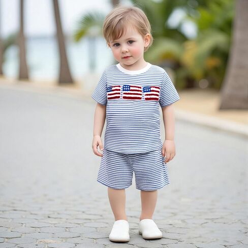 Karuedoo 4th of July Toddler Baby Boy Outfit USA Flag Embroidery Stripe Waffle Knit Short Sleeve T Shirt Tops and Shorts Set in Saudi Arabia