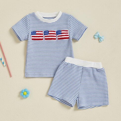 Karuedoo 4th of July Toddler Baby Boy Outfit USA Flag Embroidery Stripe Waffle Knit Short Sleeve T Shirt Tops and Shorts Set in Saudi Arabia