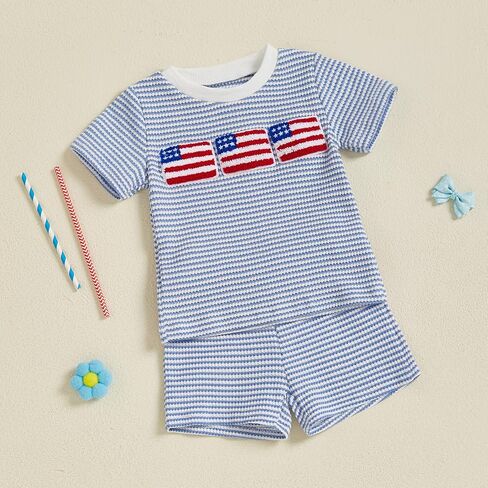 Karuedoo 4th of July Toddler Baby Boy Outfit USA Flag Embroidery Stripe Waffle Knit Short Sleeve T Shirt Tops and Shorts Set in Saudi Arabia
