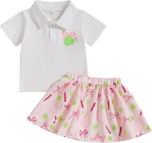 Zaxarra Toddler Girl Sports Outfit Short Sleeve Lapel Tops Tennis Bow Pattern Mini A Line Skirt Casual Cute 2 PCS Set in Kuwait