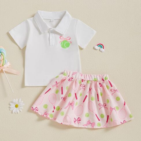 Zaxarra Toddler Girl Sports Outfit Short Sleeve Lapel Tops Tennis Bow Pattern Mini A Line Skirt Casual Cute 2 PCS Set in Kuwait