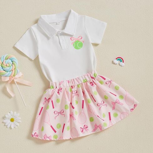 Zaxarra Toddler Girl Sports Outfit Short Sleeve Lapel Tops Tennis Bow Pattern Mini A Line Skirt Casual Cute 2 PCS Set in Kuwait