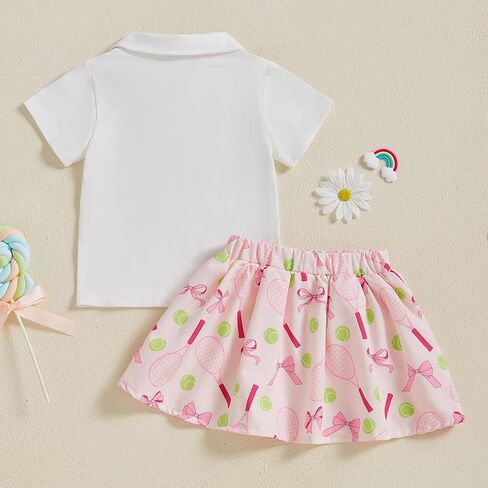 Zaxarra Toddler Girl Sports Outfit Short Sleeve Lapel Tops Tennis Bow Pattern Mini A Line Skirt Casual Cute 2 PCS Set in Kuwait
