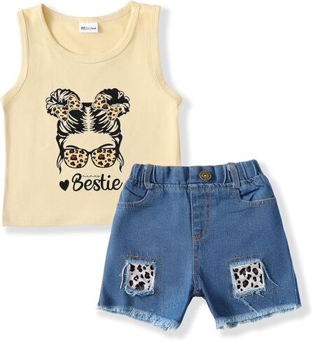 Mikrdoo Toddler Baby Girl Clothes Summer Denim Jean Short Sets for 6M-4T | 2-Pieces Summer Outfits, Cotton Blend, Pattern Printed Top, Ripped Denim Shorts,Two Side Pocket, Daily Wear, Holiday, Casual in Saudi Arabia