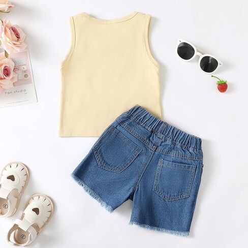 Mikrdoo Toddler Baby Girl Clothes Summer Denim Jean Short Sets for 6M-4T | 2-Pieces Summer Outfits, Cotton Blend, Pattern Printed Top, Ripped Denim Shorts,Two Side Pocket, Daily Wear, Holiday, Casual in Saudi Arabia
