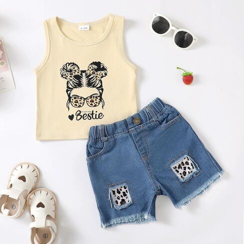 Mikrdoo Toddler Baby Girl Clothes Summer Denim Jean Short Sets for 6M-4T | 2-Pieces Summer Outfits, Cotton Blend, Pattern Printed Top, Ripped Denim Shorts,Two Side Pocket, Daily Wear, Holiday, Casual in Saudi Arabia