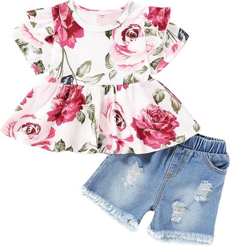 Mikrdoo Baby Girl Clothes Toddler Girl Summer Outfits Shirts Tops Ripped Denim Shorts Set Little Girl Clothes in Kuwait