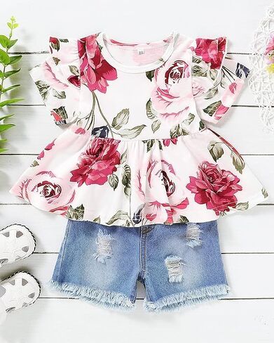 Mikrdoo Baby Girl Clothes Toddler Girl Summer Outfits Shirts Tops Ripped Denim Shorts Set Little Girl Clothes in Kuwait