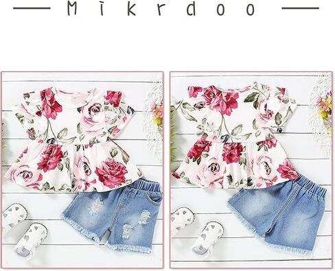 Mikrdoo Baby Girl Clothes Toddler Girl Summer Outfits Shirts Tops Ripped Denim Shorts Set Little Girl Clothes in Kuwait