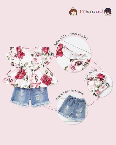 Mikrdoo Baby Girl Clothes Toddler Girl Summer Outfits Shirts Tops Ripped Denim Shorts Set Little Girl Clothes in Kuwait