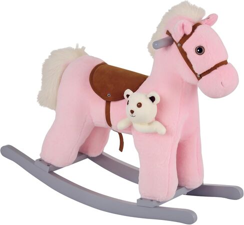 Qaba Kids Plush Ride-On Rocking Horse with Bear Toy ، كرسي الأطفال مع لعبة أفخم ناعمة وأصوات واقعية ممتعة ، أزرق in Kuwait