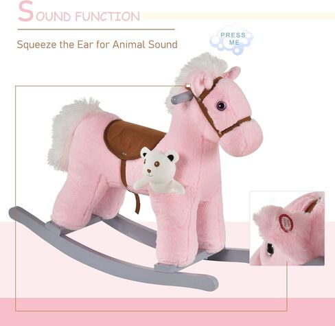 Qaba Kids Plush Ride-On Rocking Horse with Bear Toy ، كرسي الأطفال مع لعبة أفخم ناعمة وأصوات واقعية ممتعة ، أزرق in Kuwait