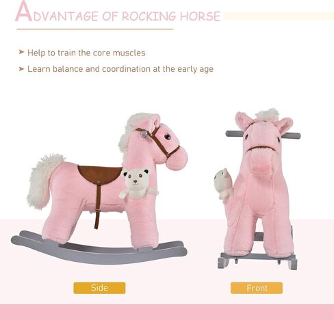 Qaba Kids Plush Ride-On Rocking Horse with Bear Toy ، كرسي الأطفال مع لعبة أفخم ناعمة وأصوات واقعية ممتعة ، أزرق in Kuwait