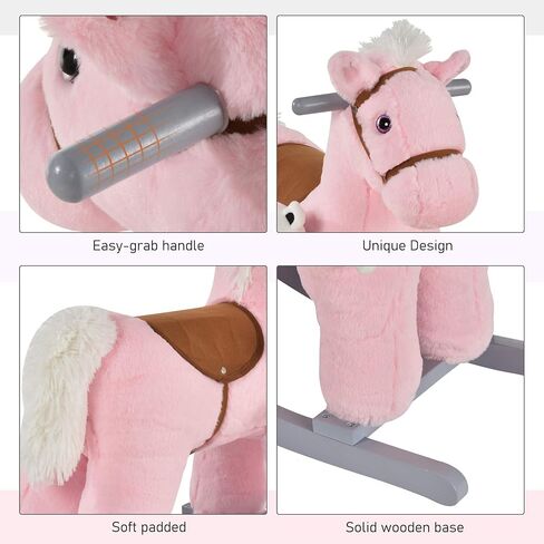 Qaba Kids Plush Ride-On Rocking Horse with Bear Toy ، كرسي الأطفال مع لعبة أفخم ناعمة وأصوات واقعية ممتعة ، أزرق in Kuwait