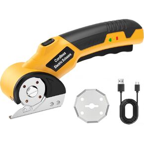 Electric Scissors Cardboard Cutter with Led Light,4V Cordless Electric Box Cutter with 2 Blades and Safety Lock,Rotary Cutters for Fabric,Carpet,Leather,Plastic(Yellow)