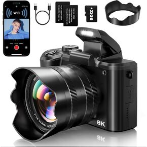 8K كاميرات رقمية للتصوير الفوتوغرافي - التركيز التلقائي 88mp wifi vlogging camera for youtube مع كاميرا vlog Zoom Digital Zoom Digital مع عدسة ، فلاش ، شاشة تعمل باللمس ، بطاريتين ، بطاقة 32 جيجابايت TF